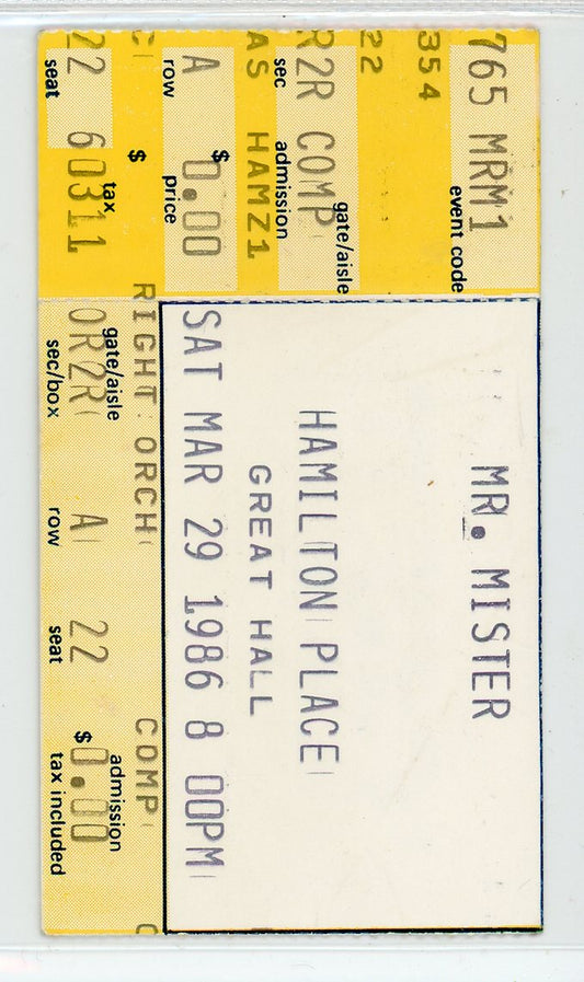 Mr. Mister Vintage Concert Stub Hamilton Place (Hamilton, 1986)