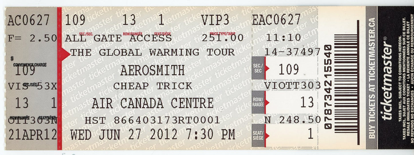 Aerosmith Concert Ticket Stub Air Canada Centre (Toronto, 2012)