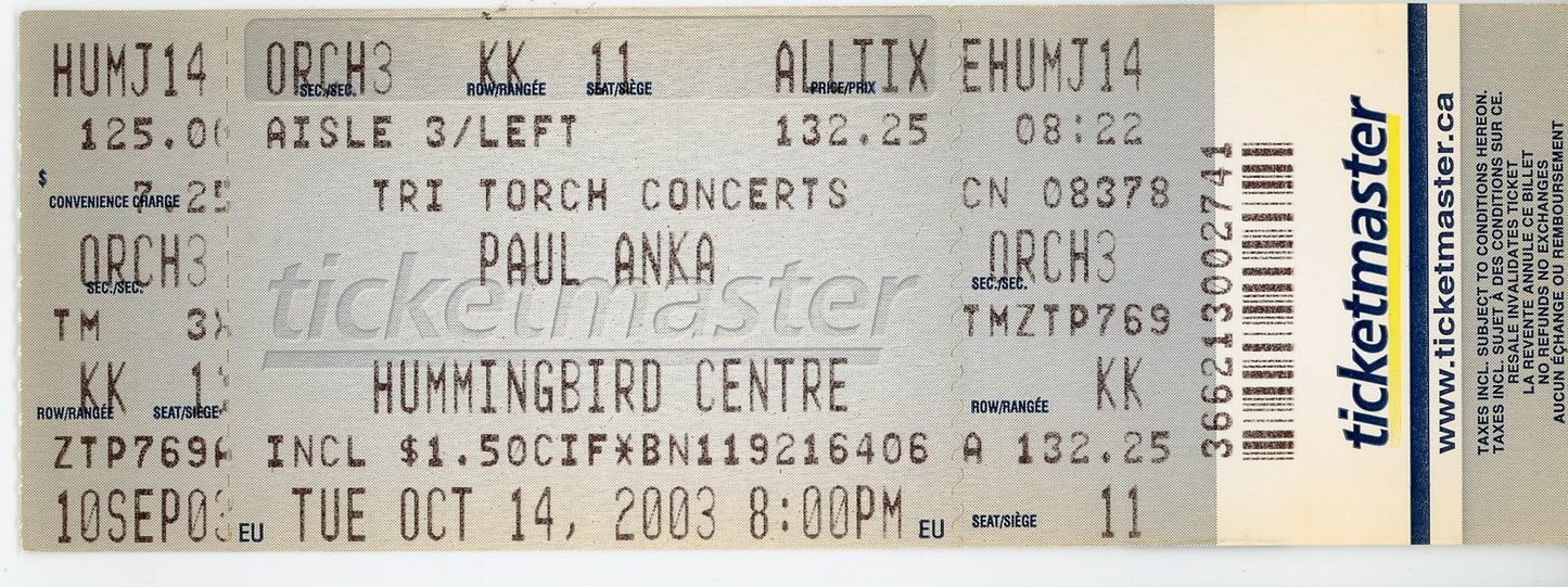 Paul Anka Vintage Concert Ticket Stub Hummingbird Centre (Toronto, 2003)