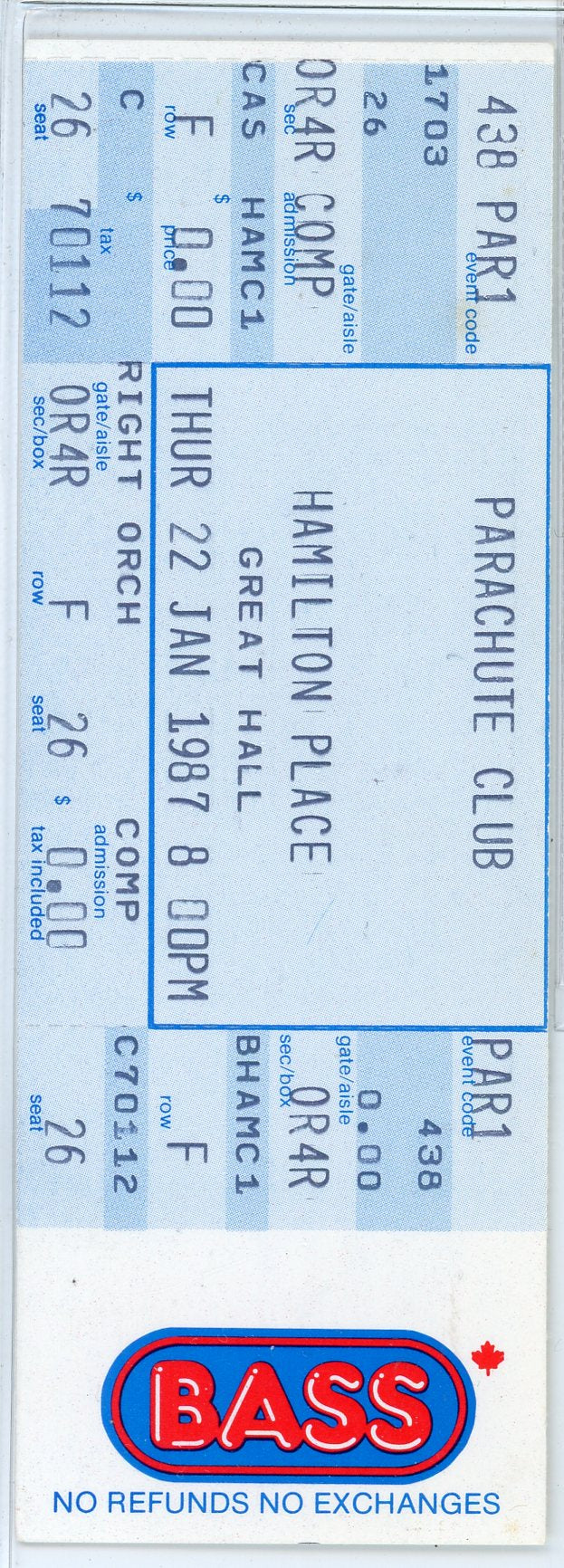 Ticket Stub Hamilton Tickets July Parachute Club Vintage Concert
