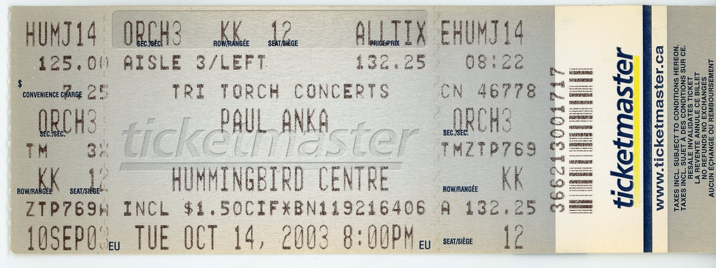Paul Anka Vintage Concert Ticket Hummingbird Centre (Toronto, 2003)