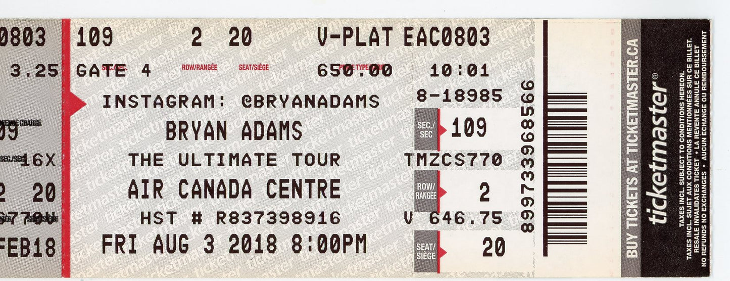Bryan Adams Concert Ticket Air Canada Centre (Toronto, 2018)