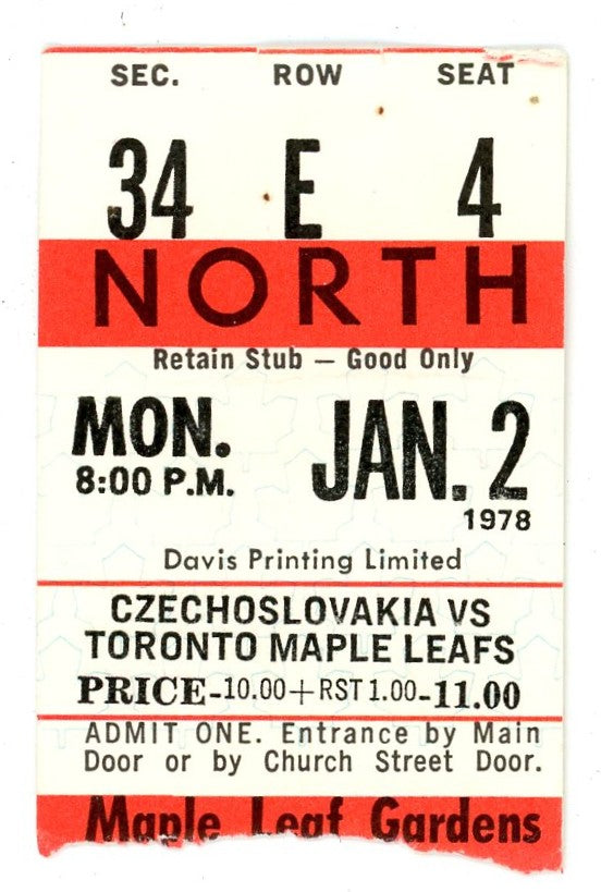 Czechoslovakia vs. Maple Leafs Vintage Ticket Stub Maple Leaf Gardens (Toronto, 1978)