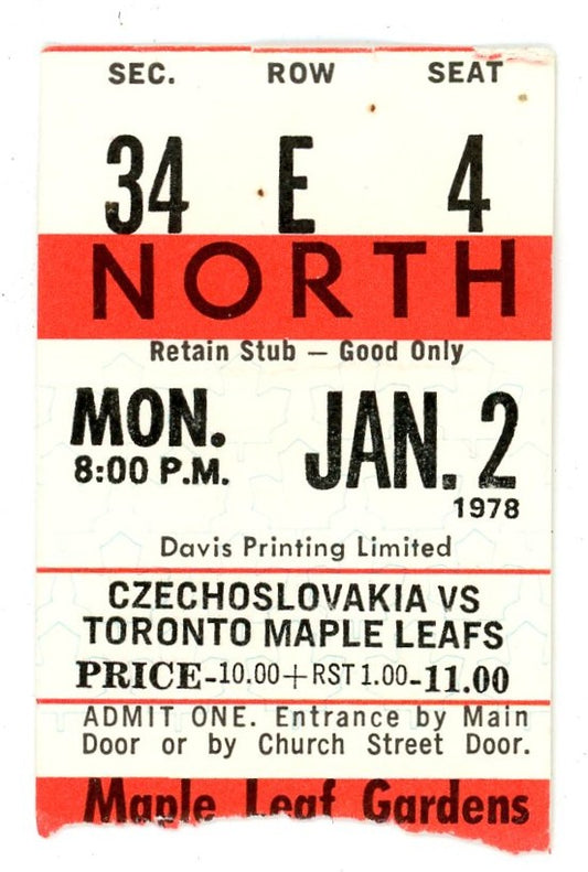 Czechoslovakia vs. Maple Leafs Vintage Ticket Stub Maple Leaf Gardens (Toronto, 1978)