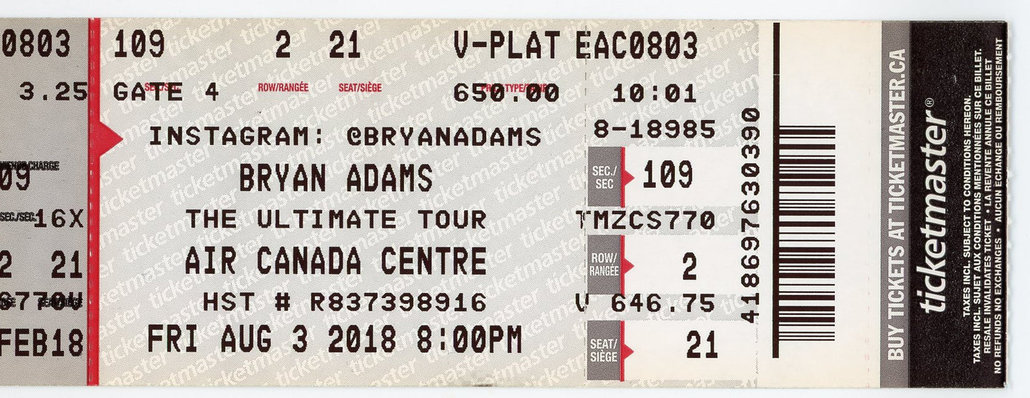 Bryan Adams Concert Ticket Stub Air Canada Centre (Toronto, 2018)