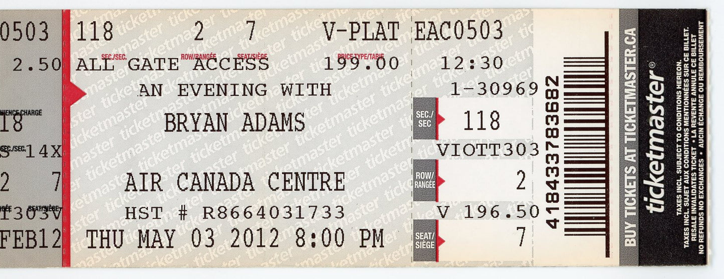 Bryan Adams Vintage Concert Ticket Stub Air Canada Centre (Toronto, 2012)