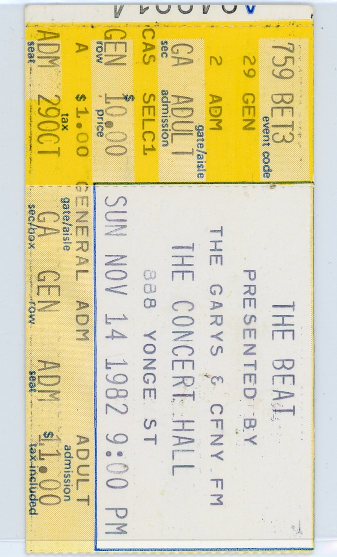 The Beat Vintage Concert Ticket Stub The Concert Hall (Toronto, 1982)