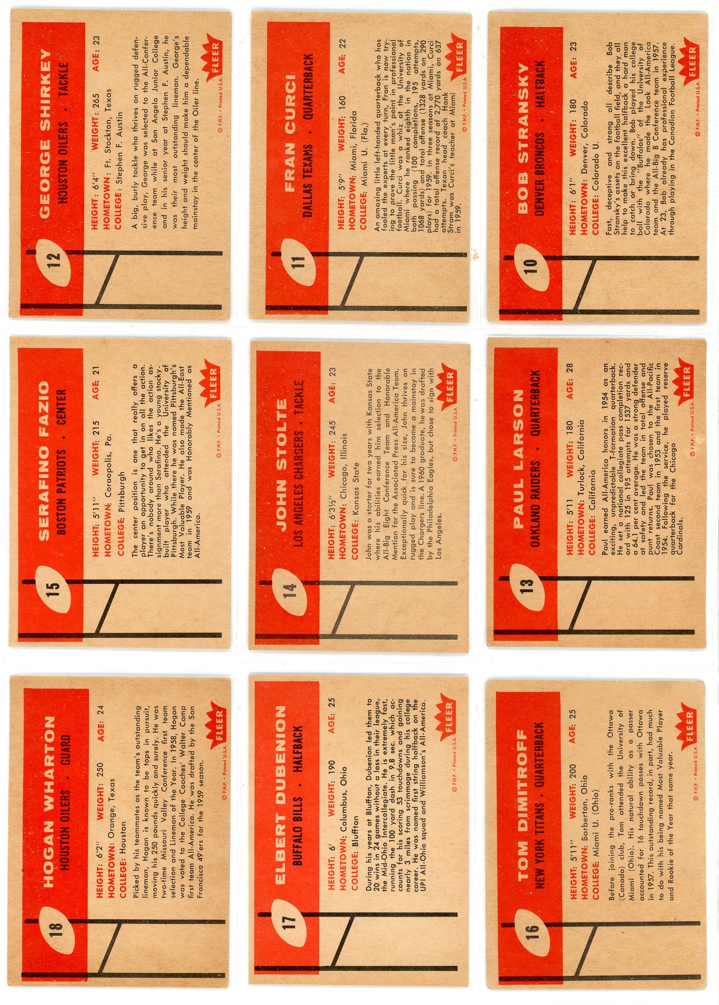 1960 Fleer AFL Inaugural Football Cards Complete Set (132 Cards) Jack Kemp Rookie