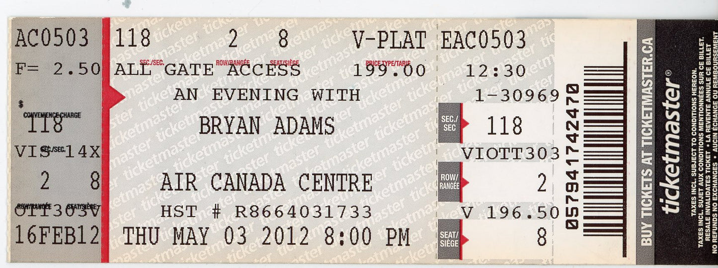 Bryan Adams Vintage Concert Ticket Air Canada Centre (Toronto, 2012)