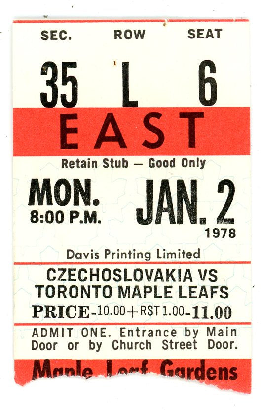 Czechoslovakia vs. Maple Leafs Vintage Hockey Ticket Maple Leaf Gardens (Toronto, 1978)