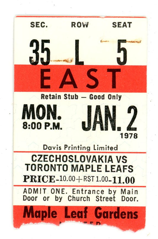Czechoslovakia vs. Maple Leafs Vintage Hockey Ticket Stub Maple Leaf Gardens (Toronto, 1978)