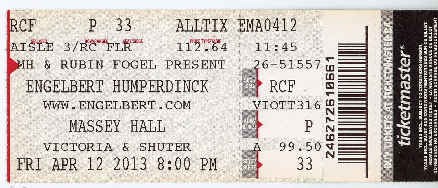 Engelbert Humperdinck Vintage Concert Ticket Stub Massey Hall (Toronto, 2013)