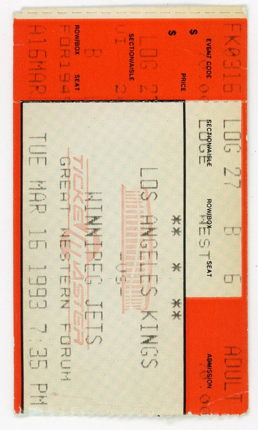 L.A. Kings vs. Winnipeg Jets Vintage Ticket Stub The Forum (Ingelwood, 1993) Wayne Gretzky