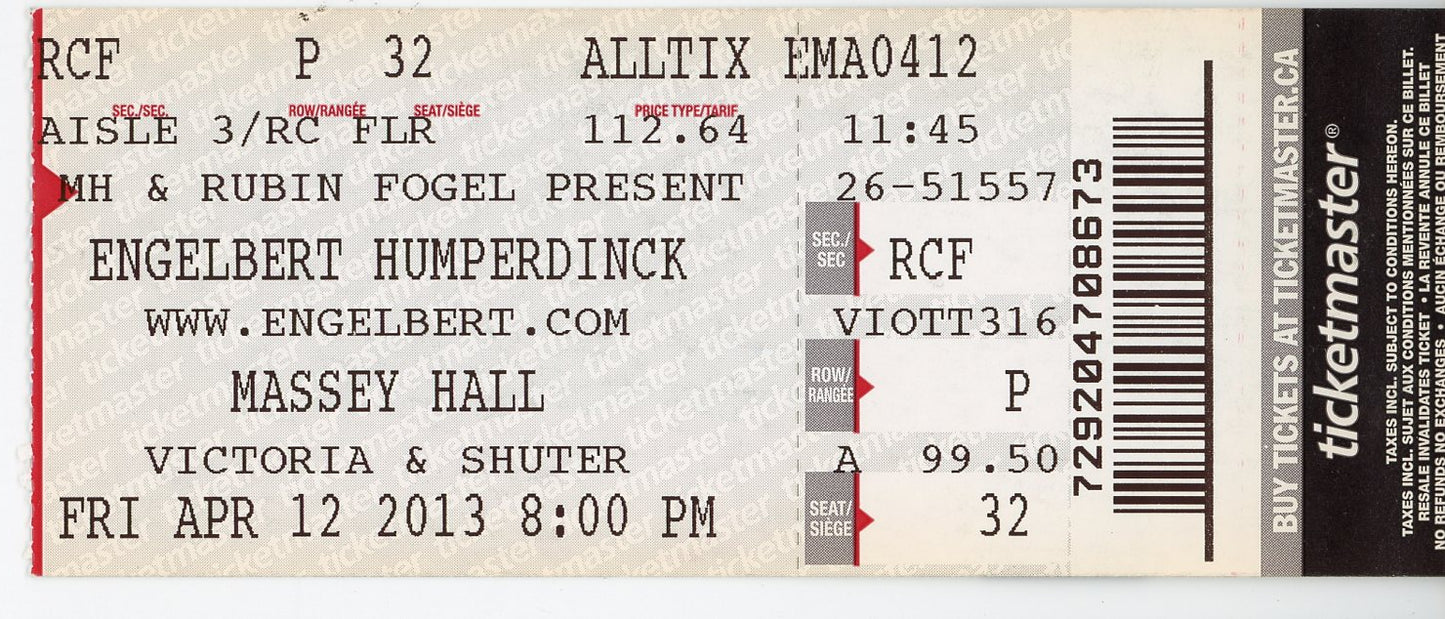Engelbert Humperdinck Vintage Concert Ticket Massey Hall (Toronto, 2013)