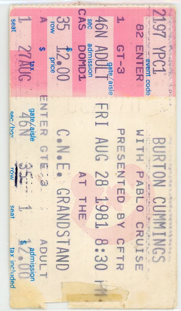 Burton Cummings Vintage Concert Ticket Stub CNE Grandstand (Toronto, 1981)