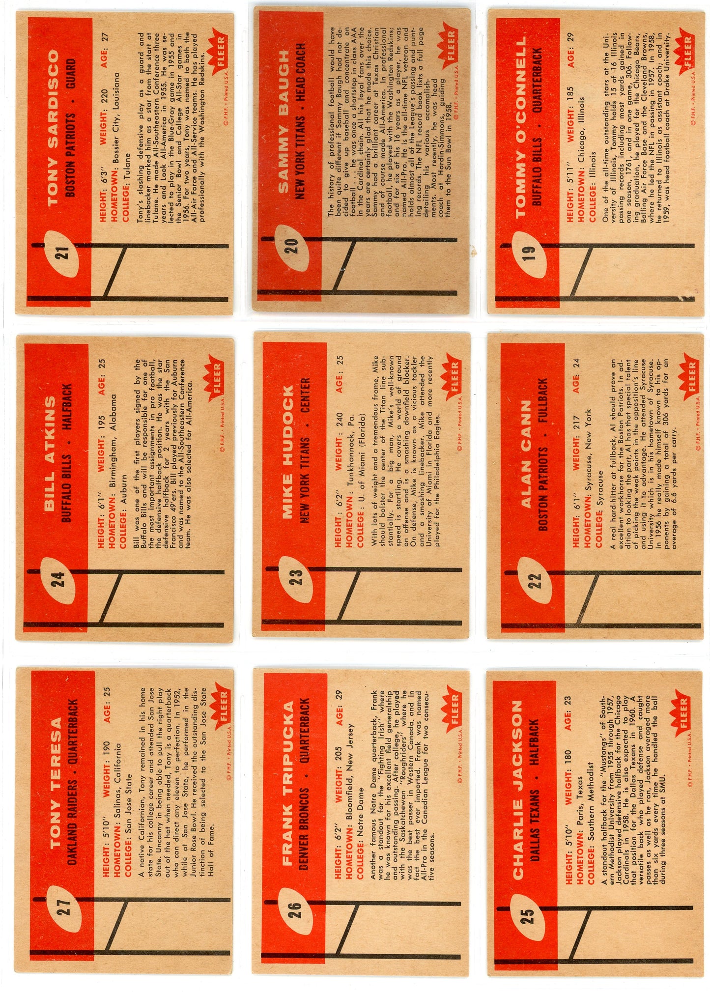 1960 Fleer AFL Inaugural Football Cards Complete Set (132 Cards) Jack Kemp Rookie