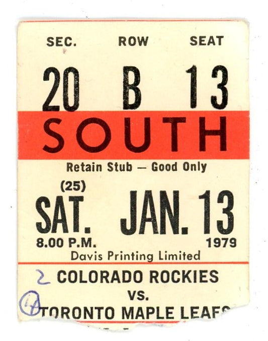 Colorado Rockies vs. Leafs Ticket Stub Maple Leaf Gardens (Toronto, 1979)