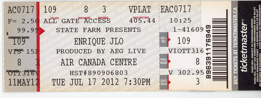 Enrique Iglesias/J.Lo Vintage Concert Ticket Stub Air Canada (Toronto, 2012) Jennifer Lopez