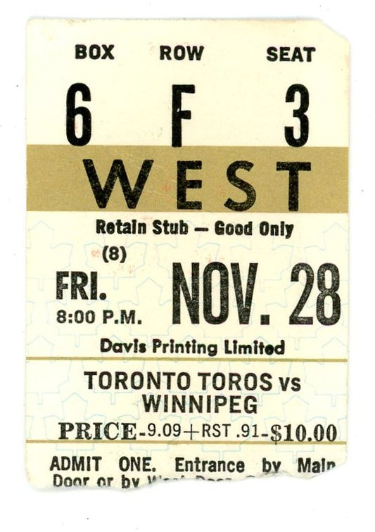 WHA Toros vs. Winnipeg Jets Vintage Ticket Stub Maple Leaf Gardens (Toronto, 1970s)