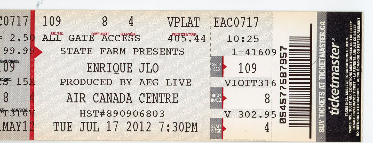 Enrique Iglesias/J.Lo Vintage Concert Ticket Air Canada (Toronto, 2012) Jennifer Lopez