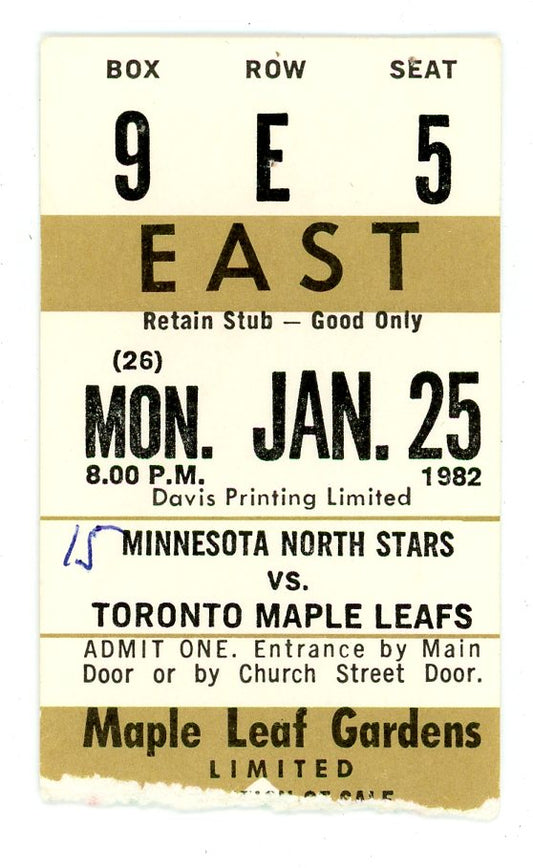 Minnesota North Stars vs. Toronto Maple Leafs Vintage Ticket Maple Leaf Gardens (Toronto, 1982)