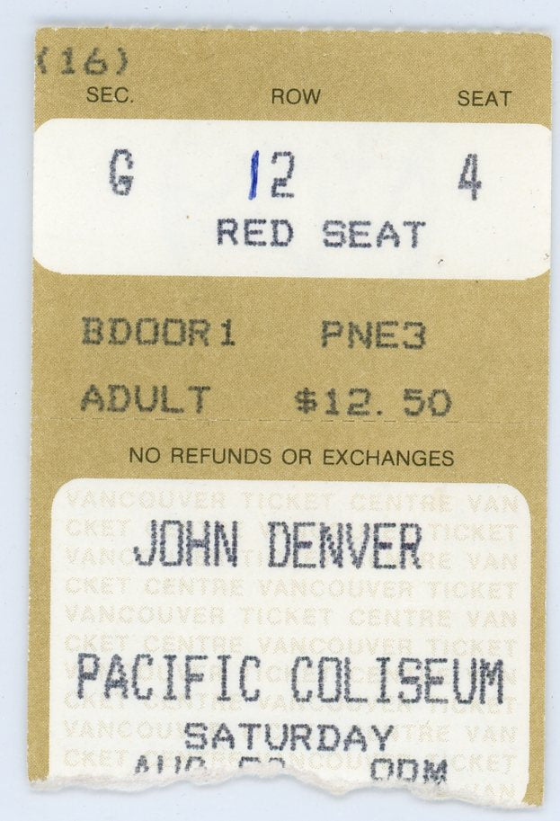 John Denver Vintage Concert Ticket Stub Pacific Coliseum, Vancouver