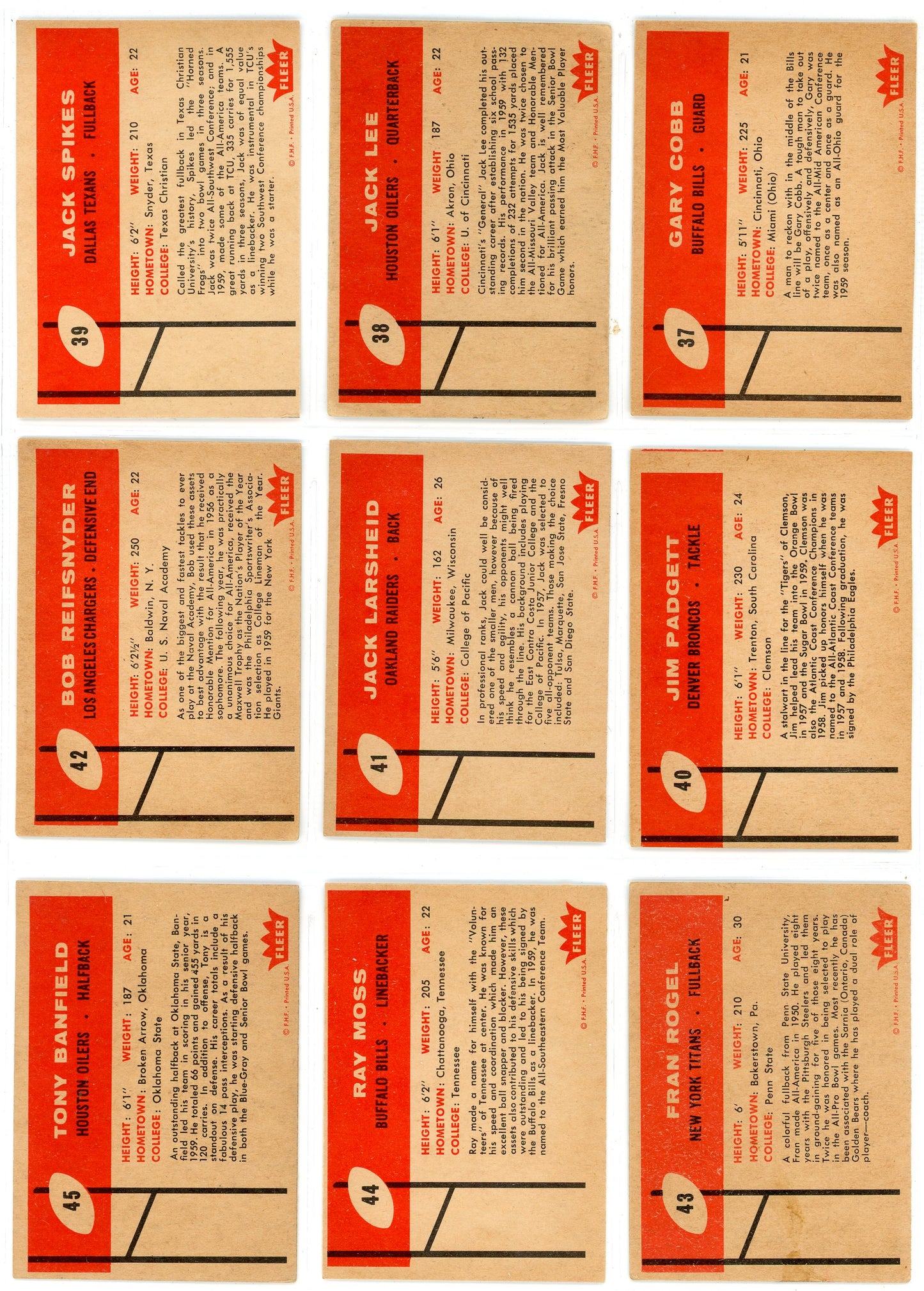 1960 Fleer AFL Inaugural Football Cards Complete Set (132 Cards) Jack Kemp Rookie