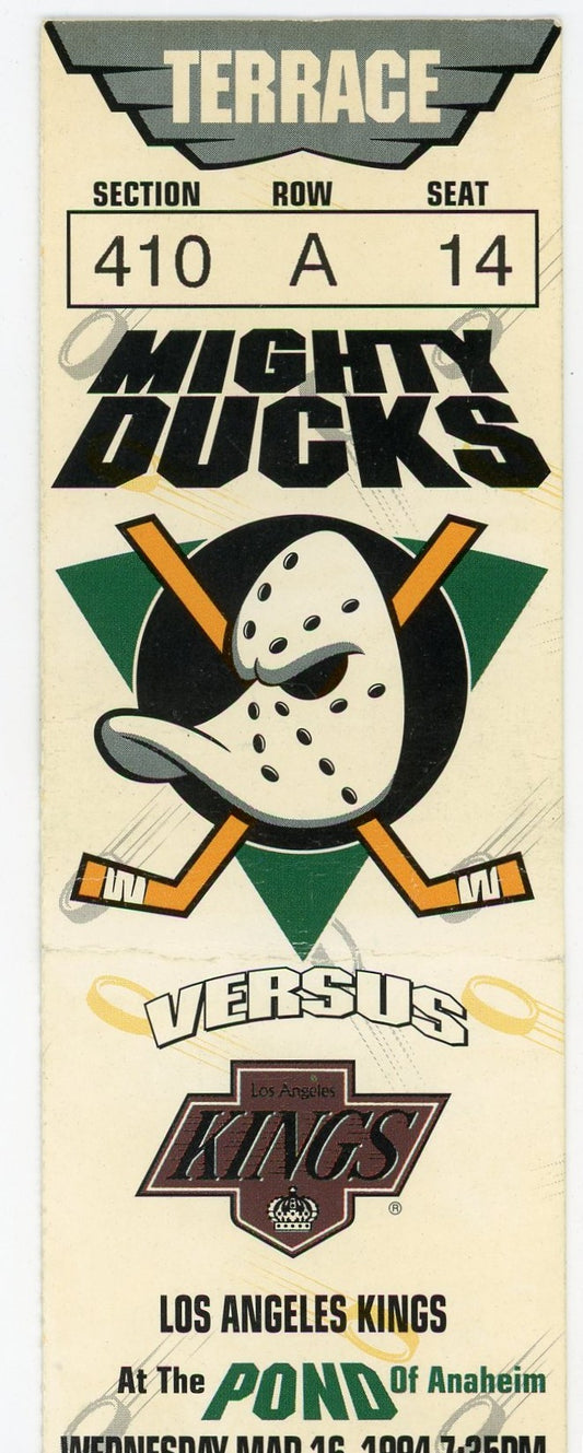 Mighty Ducks vs. L.A. Kings Vintage Ticket Stub The Pond (Anaheim, 1994) Wayne Gretzky