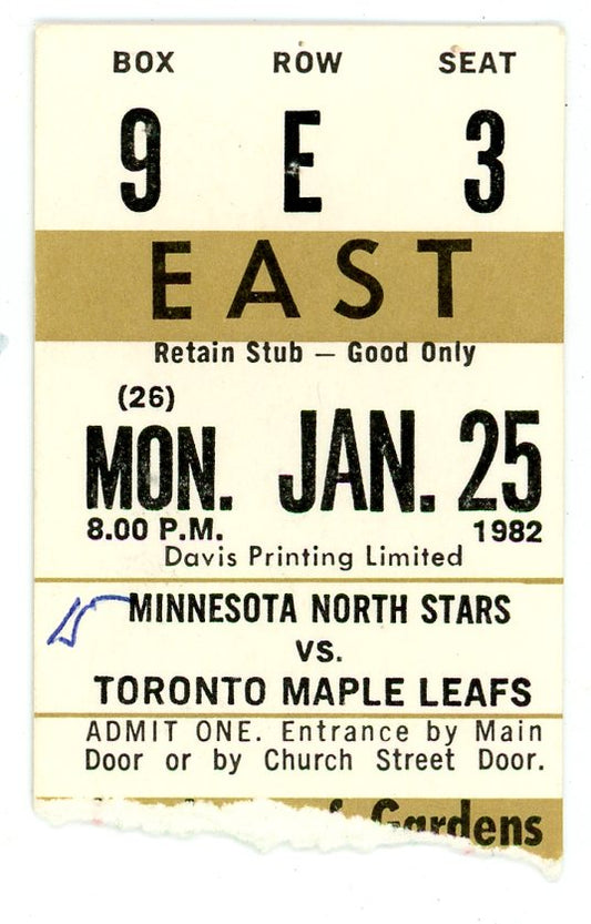 Minnesota North Stars vs. Toronto Maple Leafs Vintage Ticket Stub Maple Leaf Gardens (Toronto, 1982)