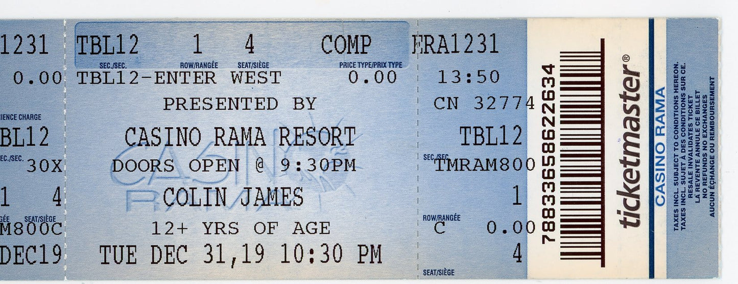 Colin James Vintage Concert Ticket Casino Rama (Orillia, 2019)
