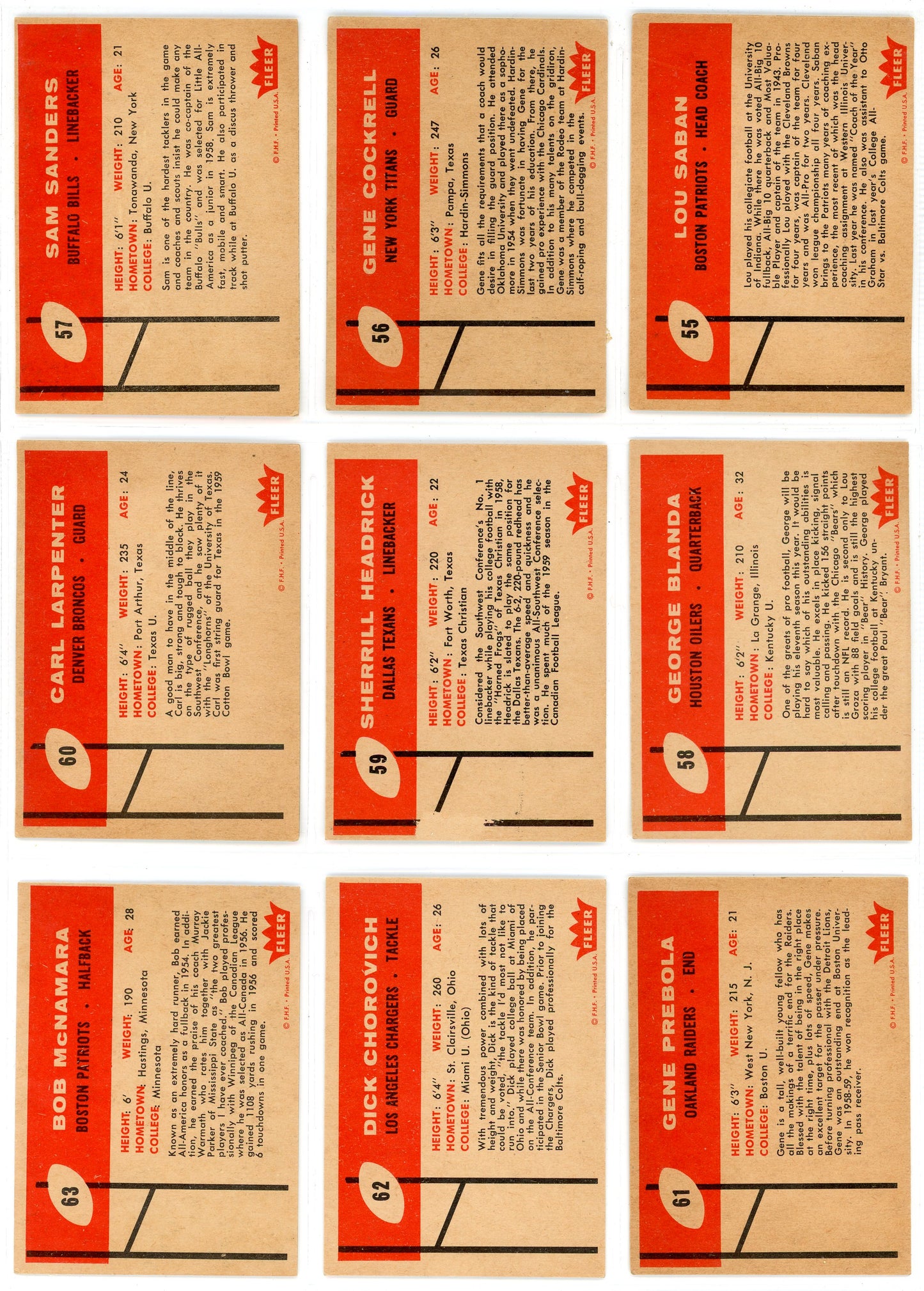 1960 Fleer AFL Inaugural Football Cards Complete Set (132 Cards) Jack Kemp Rookie