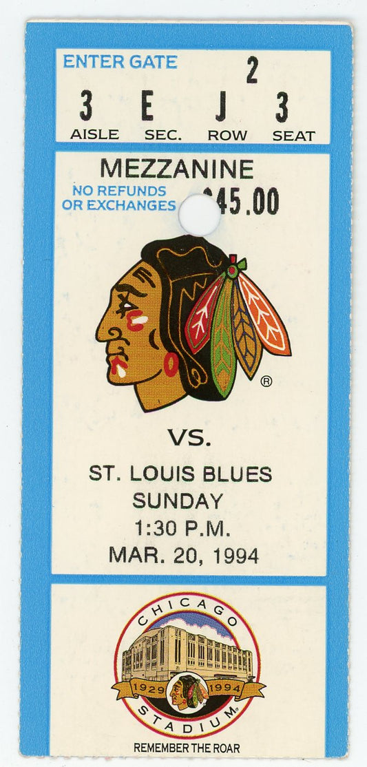 Blackhawks vs. St. Louis Blues Vintage Ticket Stub Chicago Stadium (Chicago, 1994)
