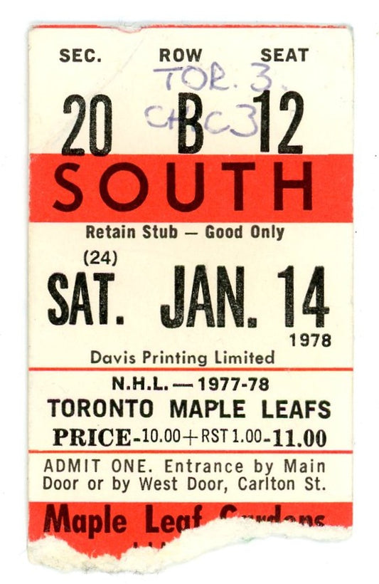 Chicago Blackhawks vs. Leafs Ticket Stub Maple Leaf Gardens (Toronto, 1978)