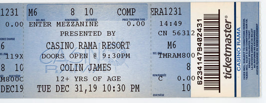 Colin James Concert Ticket Stub Casino Rama (Orillia, 2019)