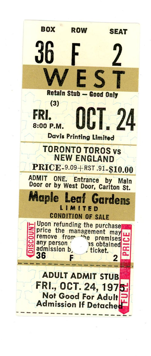 WHA Toros vs. New England Whalers Vintage Ticket Maple Leaf Gardens (Toronto, 1975)