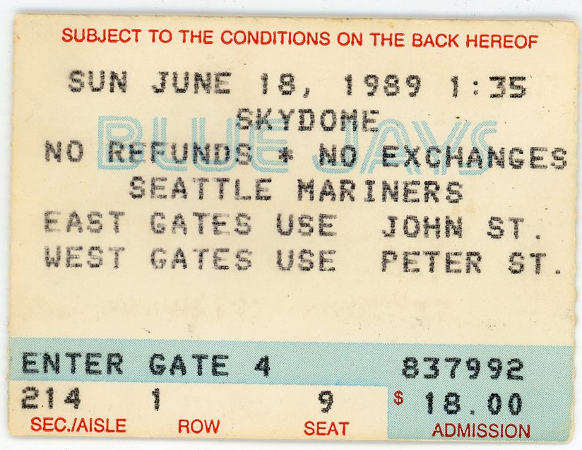 Seattle Mariners Vintage Ticket Stub Skydome Arena (Toronto, 1989) Ken Griffey Jr Rookie Year