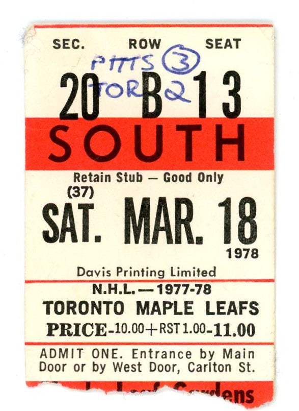 Pittsburgh Penguins vs.Maple Leafs Ticket Stub Gardens (Toronto, 1978)