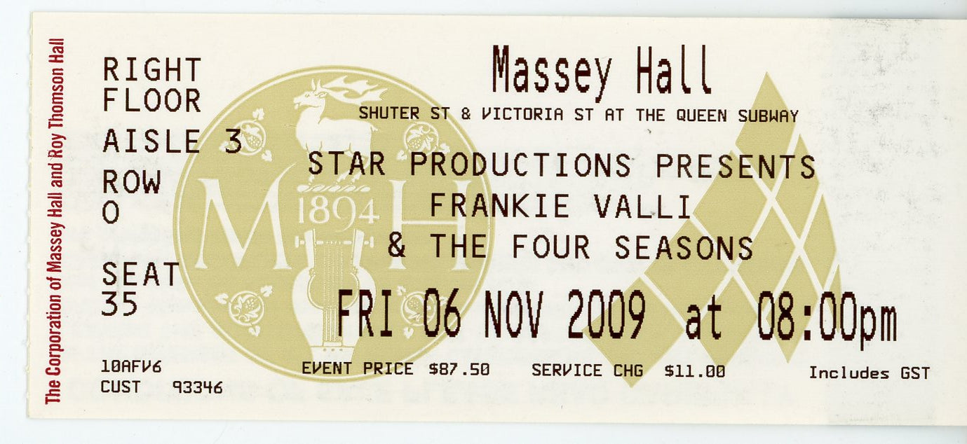 Frankie Valli & the Four Seasons Vintage Concert Ticket Stub Massey Hall (Toronto, 2009)