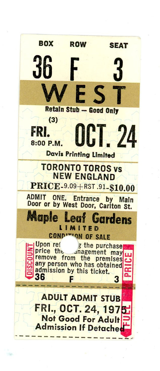 WHA Toronto Toros vs. New England Vintage Ticket Stub Maple Leaf Gardens (Toronto, 1975)