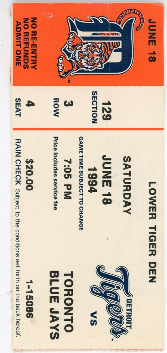 Tigers vs. Toronto Blue Jays Vintage Ticket Stub Tiger Stadium (Detroit, 1994) MLB Strike Year