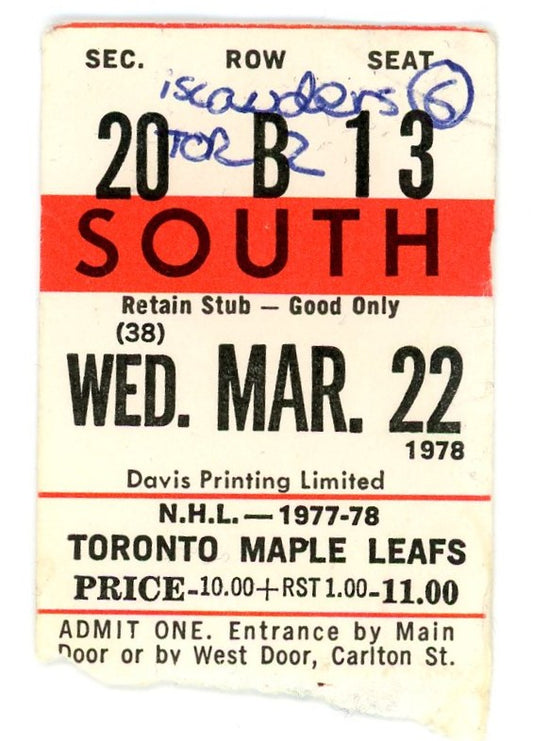 Detroit Red Wings vs. Maple Leafs Vintage Ticket Stub Gardens (Toronto, 1978)