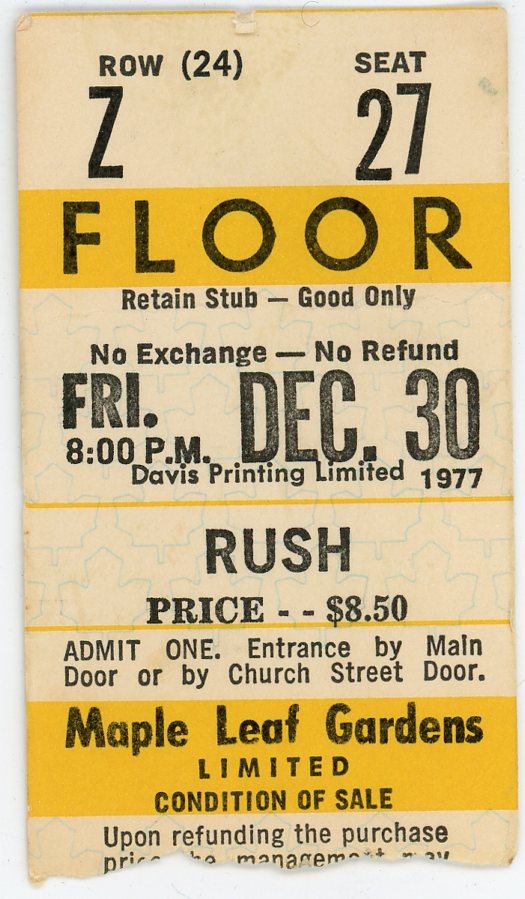 Rush Vintage Concert Ticket Maple Leaf Gardens (Toronto, 1977)