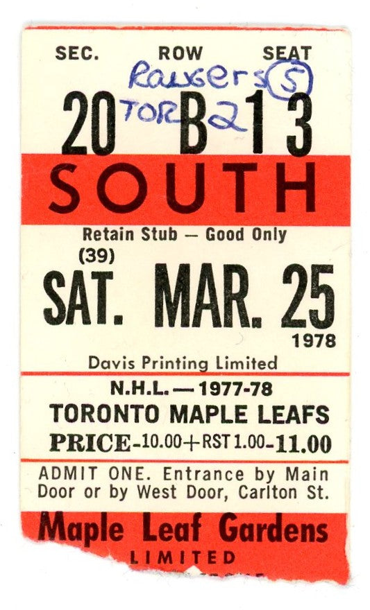 New York Rangers vs. Maple Leafs Vintage Ticket Gardens (Toronto, 1978)