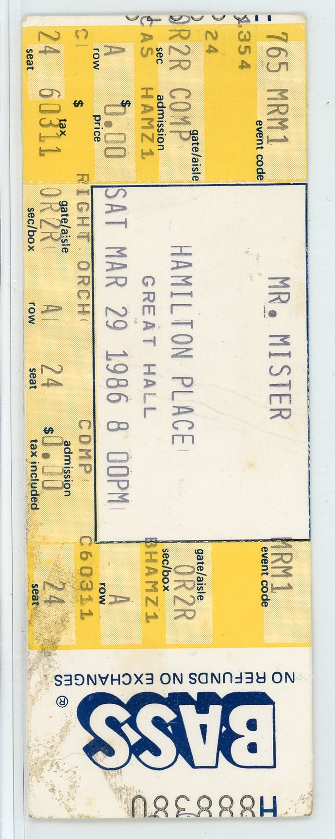 Mr. Mister Concert Ticket Hamilton Place (Hamilton, 1986)