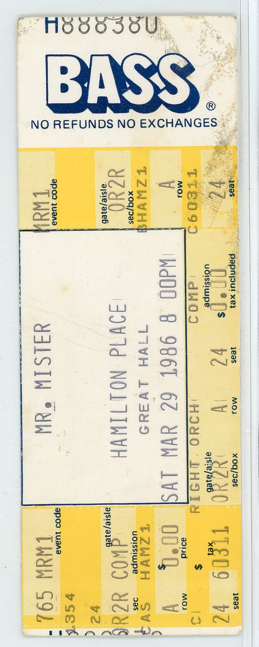 Mr. Mister Concert Ticket Hamilton Place (Hamilton, 1986)