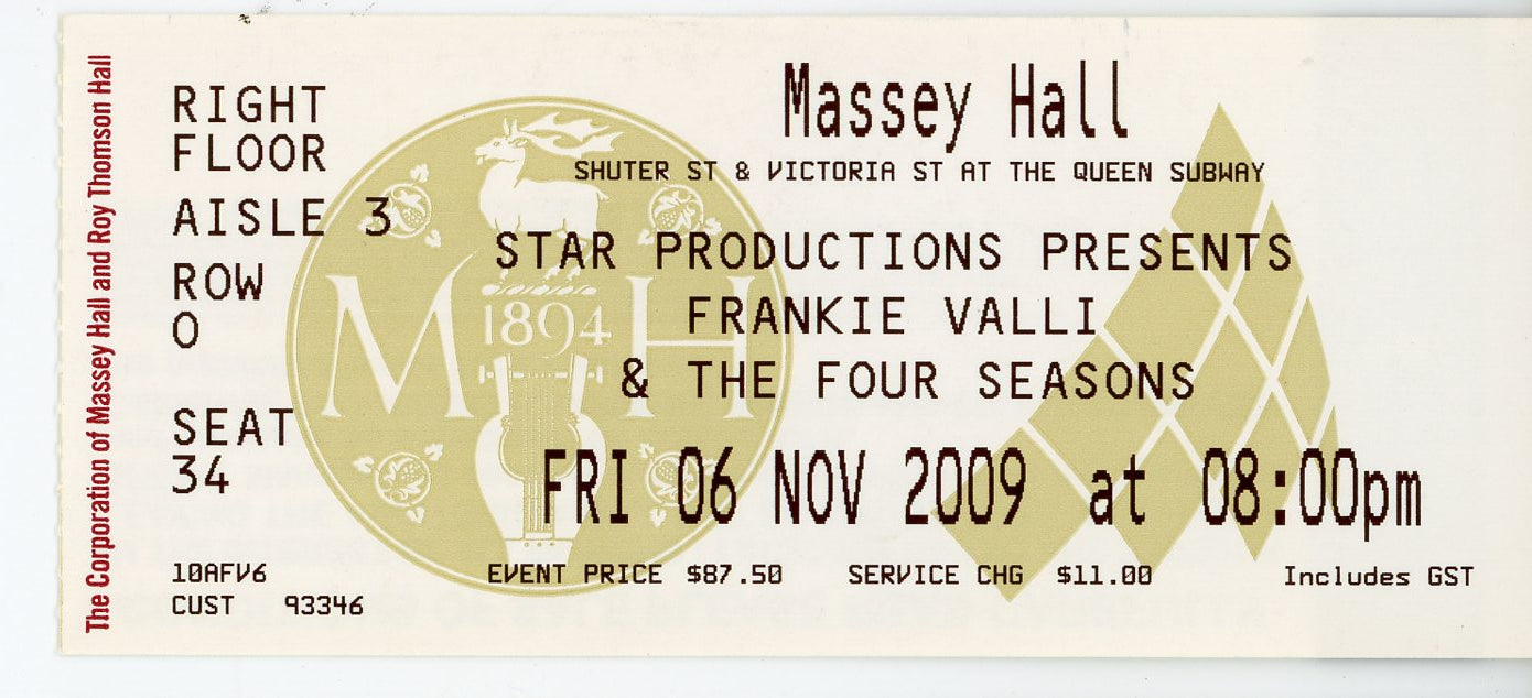 Frankie Valli & the Four Seasons Vintage Concert Ticket Massey Hall (Toronto, 2009)