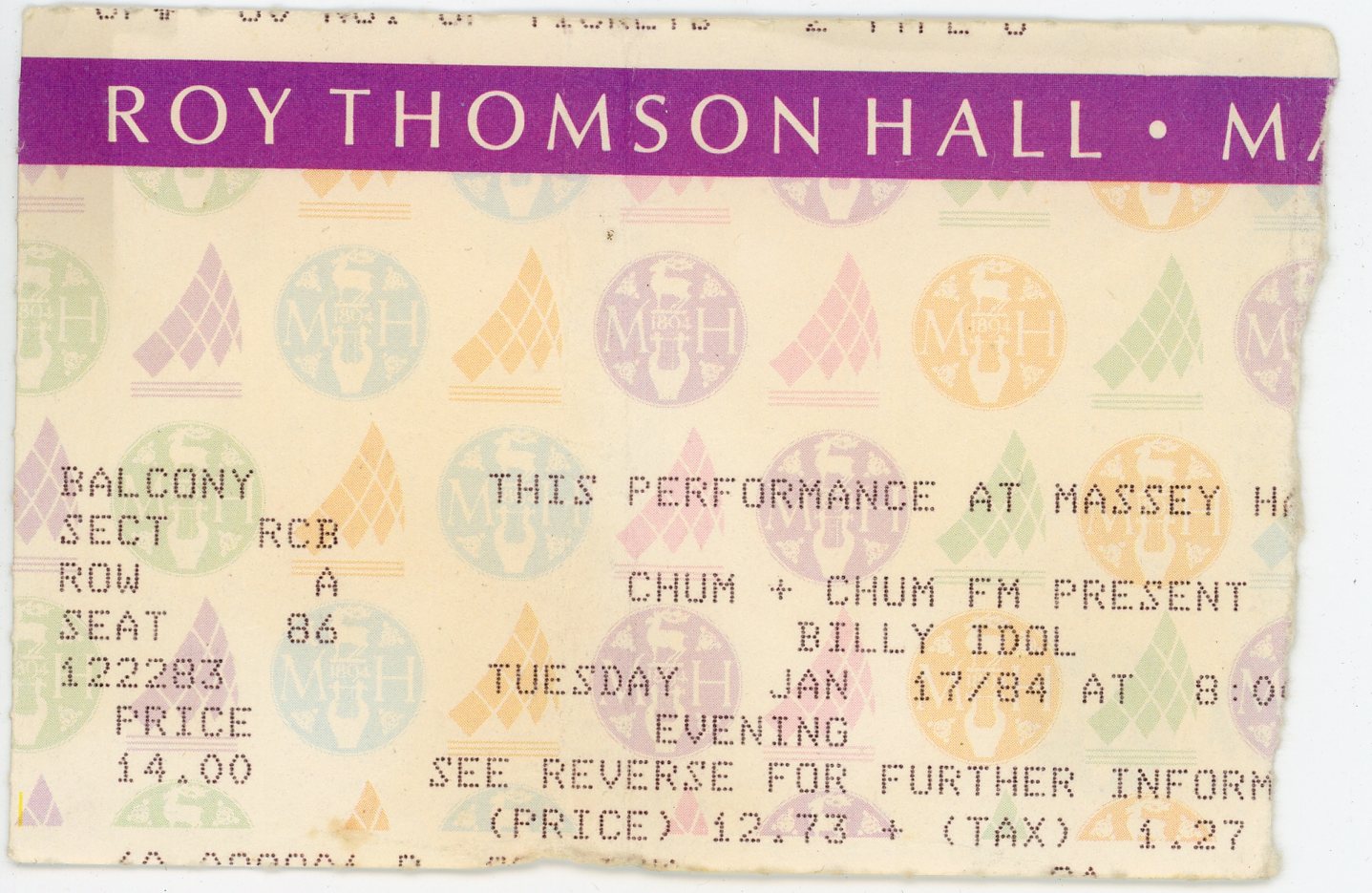 Billy Idol Vintage Concert Ticket Roy Thomson Hall (Toronto, 1984) Rebel Yell Tour