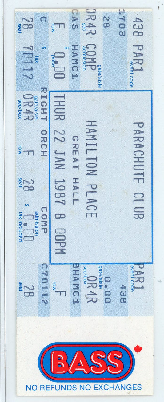 Parachute Club Concert Ticket Hamilton Place (Hamilton, 1987)