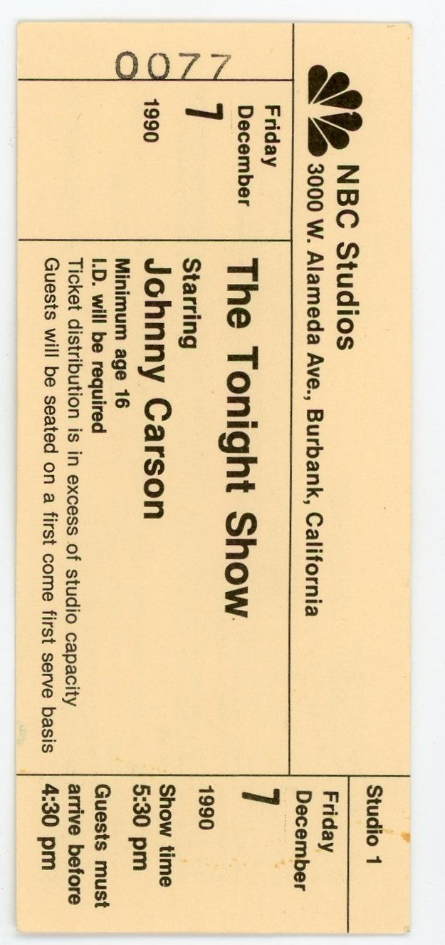 The Tonight Show with Johnny Carson Vintage Ticket NBC Studios (Burbank, 1990)