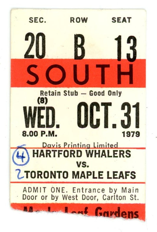 Hartford Whalers vs. Maple Leafs Vintage Ticket Stub Gardens (Toronto, 1979)